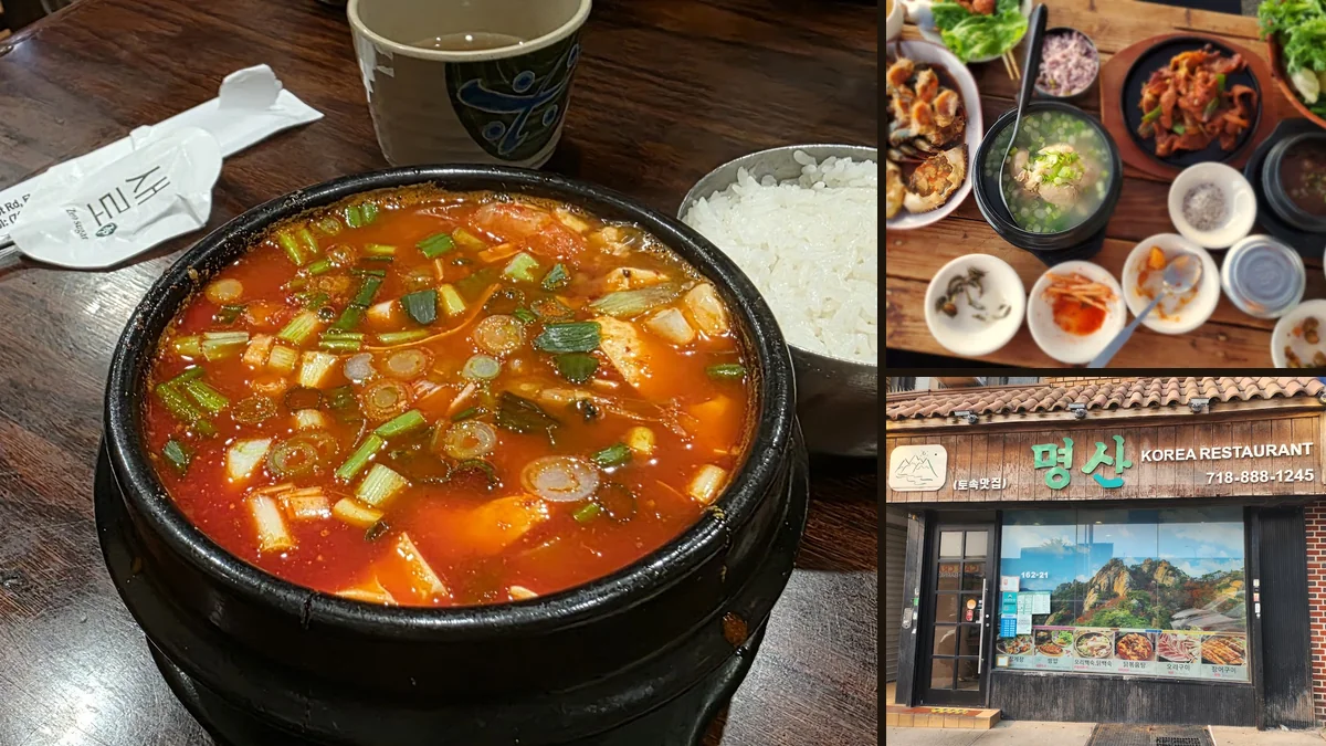 Korean restaurant interior with simple tables and chairs.